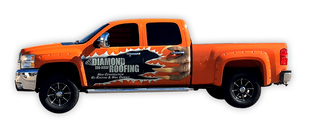 Orange truck with Diamond Roofing graphics