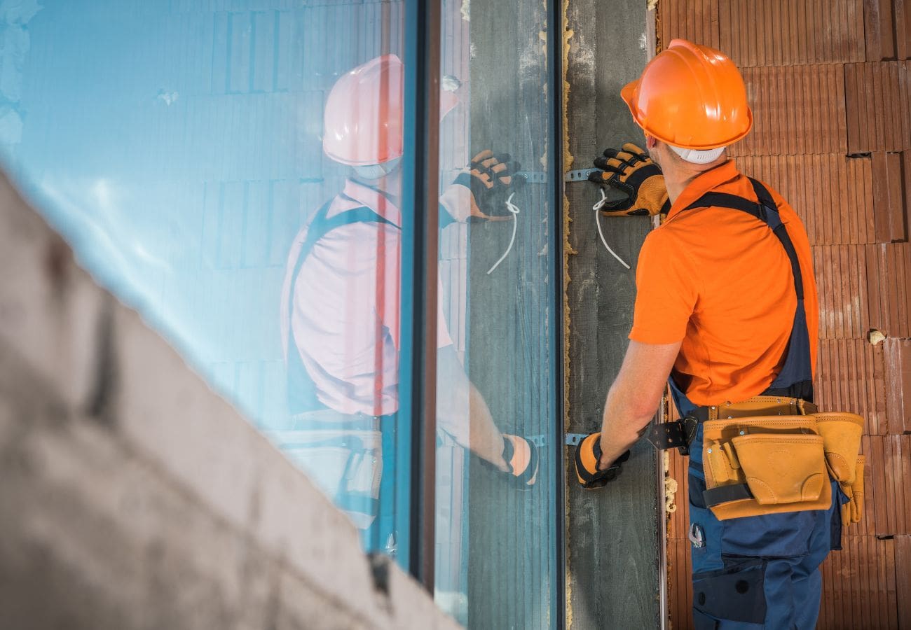 Man wearing hardhat installing a new window