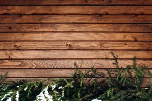 Wall of wooden fence. Winter wooden plank background, brown horizontal boards, wood texture, fence. Fir brunches at the bottom.